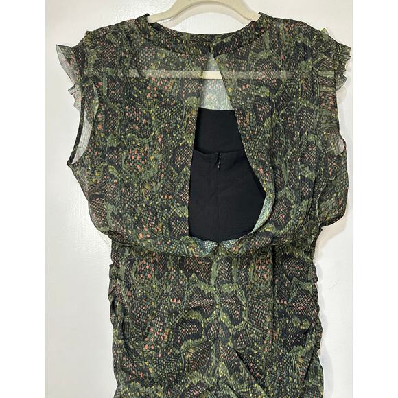 Allsaints Hali Tamora Snake Print Mini Dress Khaki Green Sz 6 NWT Ruffles Lined - Picture 12 of 16